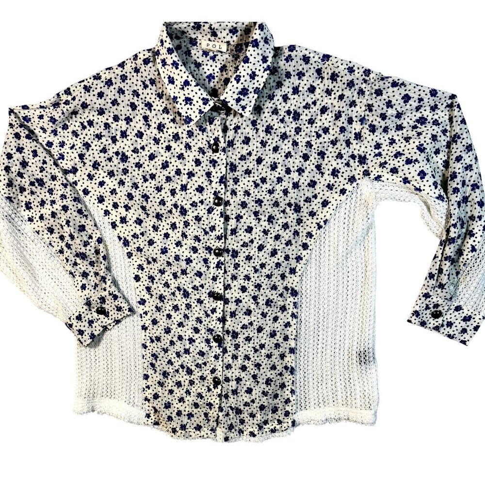 Womens POL Anthropologie Floral S Open Knit Blouse Blue White Floral Oversized